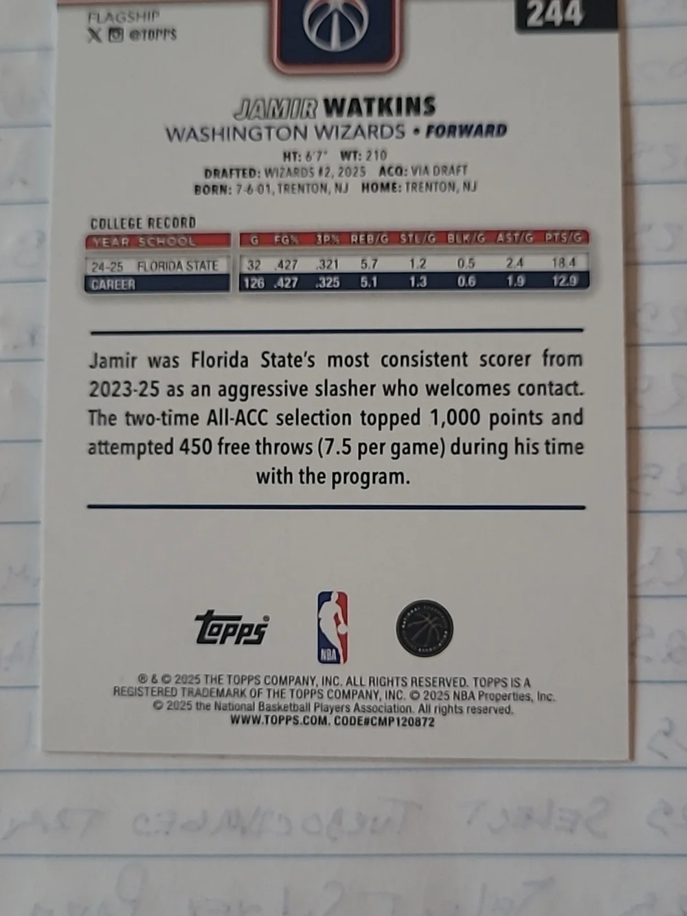 Topps 2025 Jamir Watkins Washington Wizards Topps Foil Pattern - Picture 2 of 2